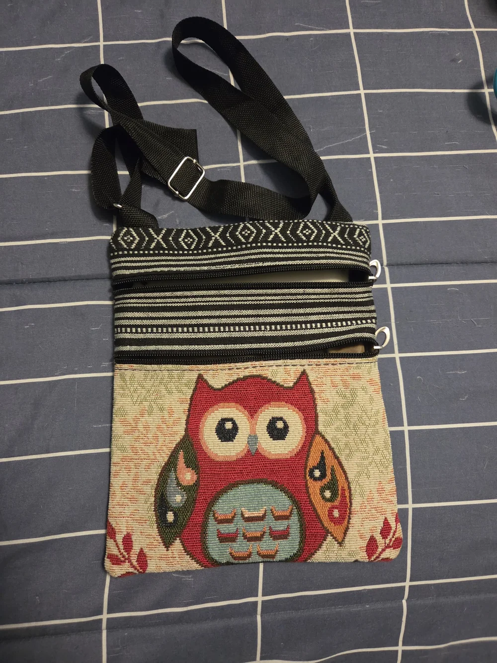 Boho Owl Crossbody Bag - Black Strap, Multi-Color Front